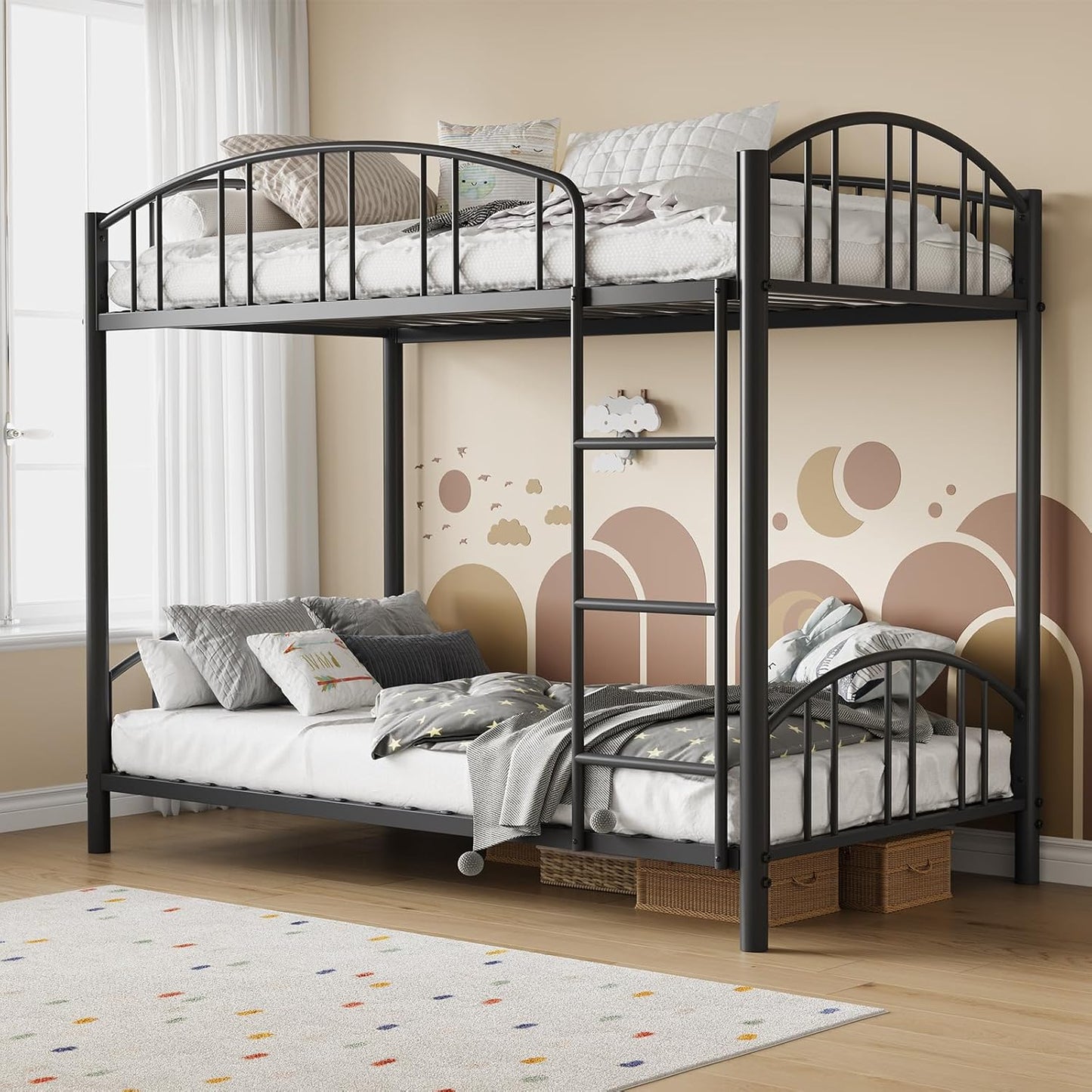 Metal Bunk Bed Twin Over Twin, Heavy Duty Bunkbeds Frame with Arched Guardrail and Safety Ladder, Sturdy Steel Bed for Kids Boys Girls, Space-Saving, No Box Spring Needed, Modern Black