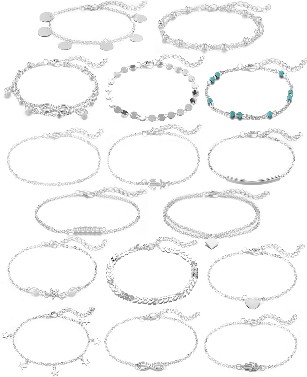 16 count Gold Silver Two Style Chain Beach Anklet Bracelet  Anklet Set,Adjustable Size