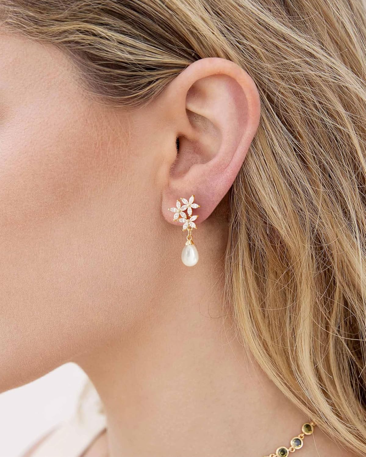 Pearl Earrings: 14k Gold-plated Cubic Zirconia Accented Pearl Drop Dangle Wedding Engagement Earrings For Women Bridal Bridesmaid