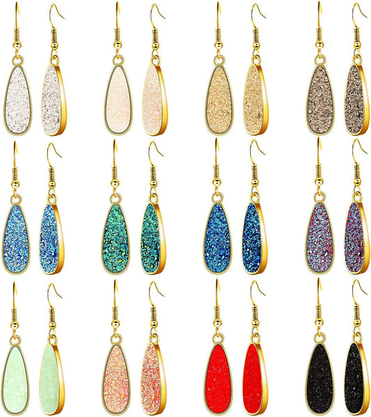 Hicarer 12 Pairs Faux Druzy Drop Earrings Crystal Pendant Dangle Multicolor Stainless Steel Earrings for Women