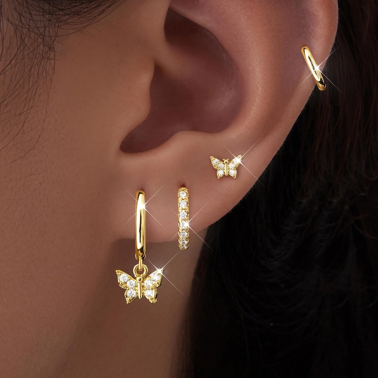 Small Gold Huggie Hoop Earrings Set for Women Men Hypoallergenic 14K Plated Stack Cartilage Earrings, Multiple Piercing
