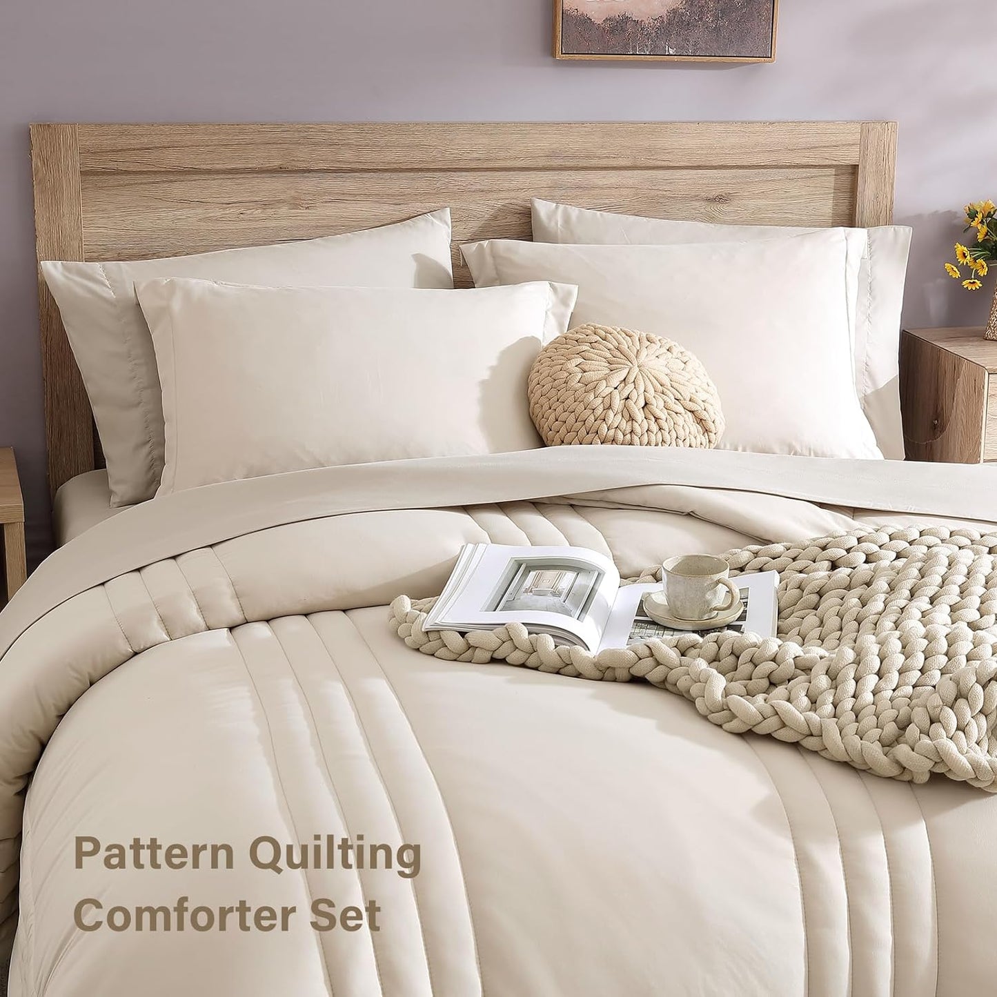 Queen Comforter Set - 7 count Beige Bed in a Bag Queen Bedding Sets , All Seasons