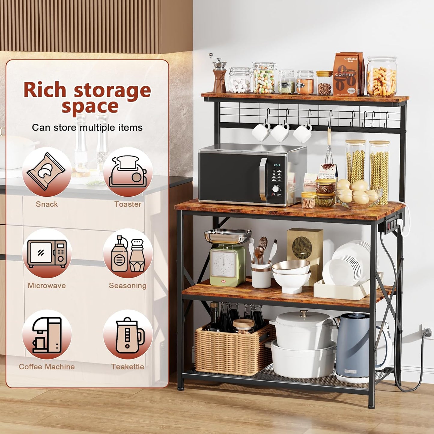 Coffee Bar Station with a 31.5 Inch Larger Desktop and 8 S Hooks,Kitchen Microwave Rack for Spices,Pots