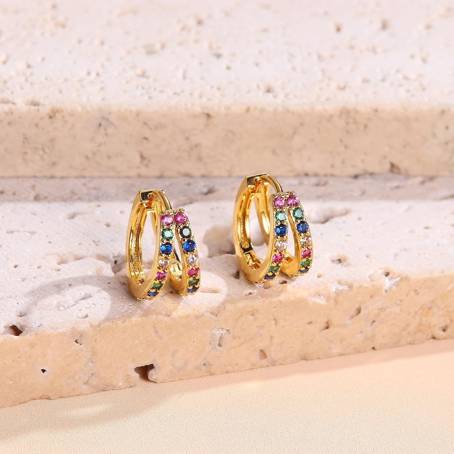 3Pairs 925 Sterling Silver, 14K Gold Plated Small Huggie Hoop Earrings Sets for Multiple Piercing CZ Cartilage Earrings Stacks