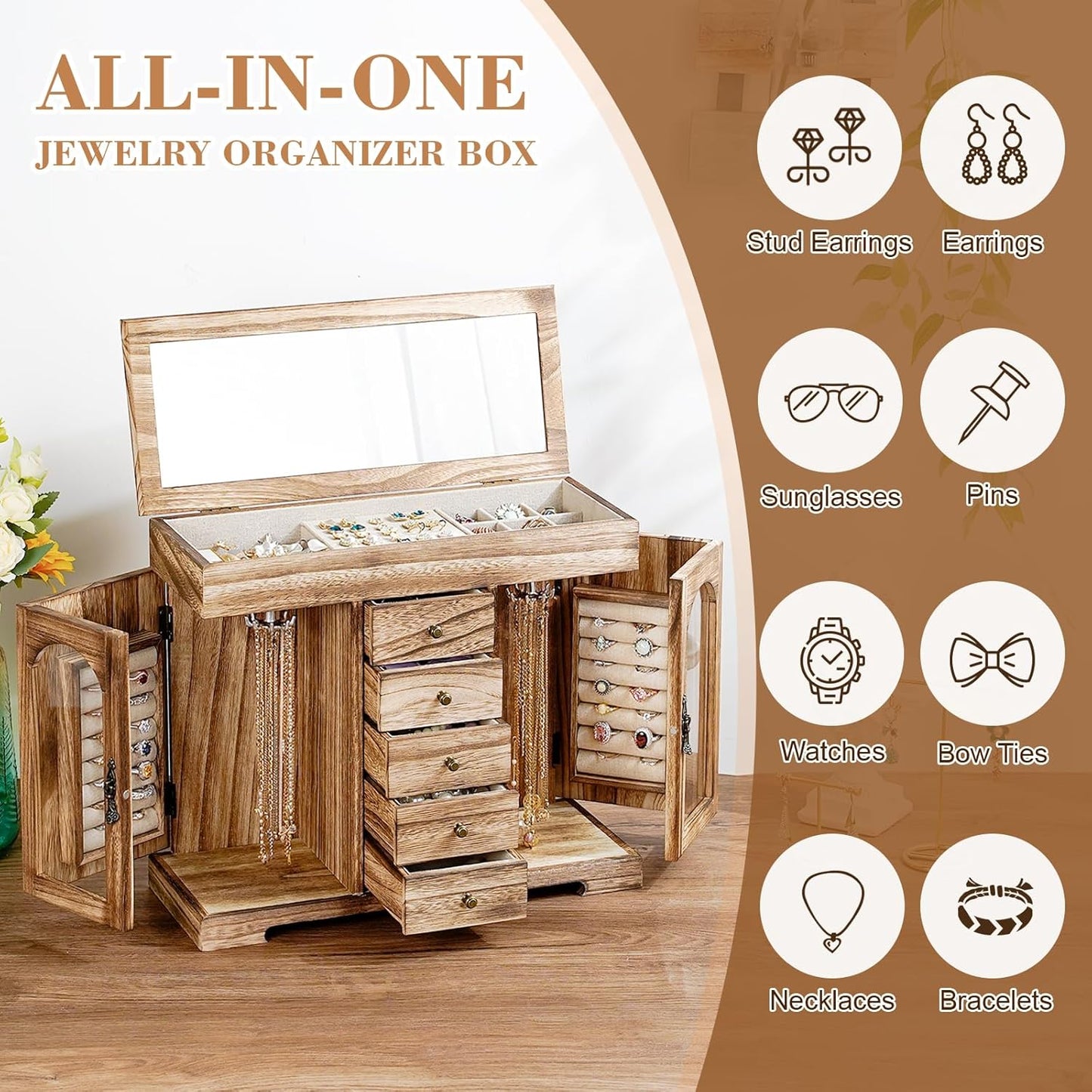 5 Layer Jewelry Storage Case Display, Rustic Wooden Jewelry Organizer Box with Mirror