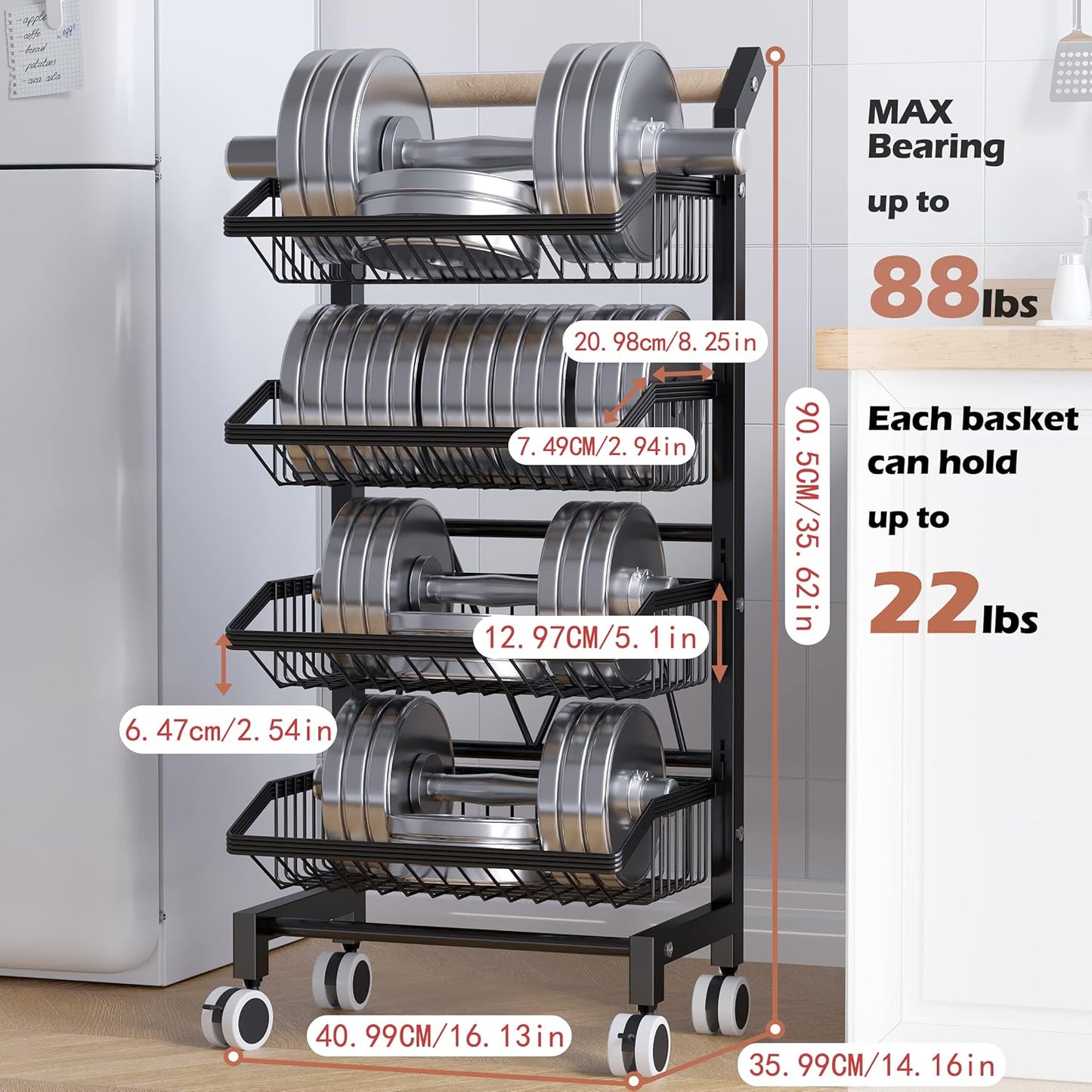 Snack Cart with Wheels 4-Tier Adjustable Fruit Rack Fruit Vegetable Basket Cart Metal  Utility Kitchen Cart
