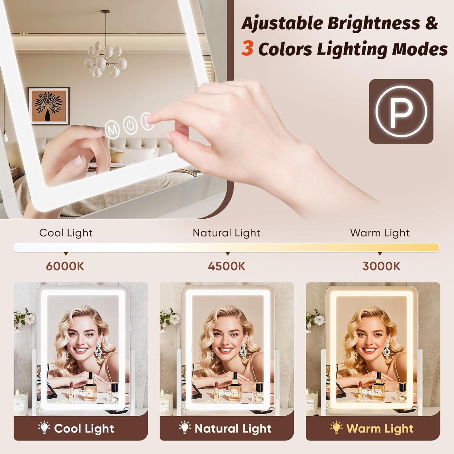 Vanity Mirror with Lights, 18"x13" Lighted  Smart Touch Control 360° Rotation Detachable
