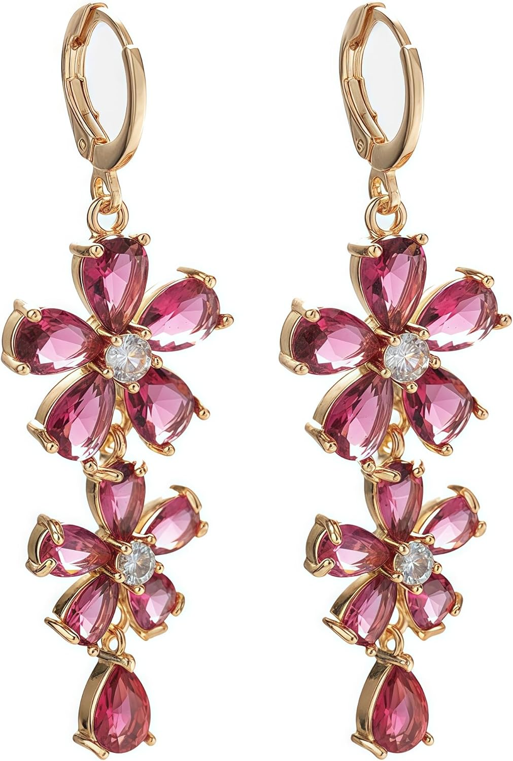 Vuskdtei18K Gold Plated Flower Dangle Earrings for Women, Hypoallergenic Cubic Zirconia Earrings, Elegant Chandelier Drop Earrings