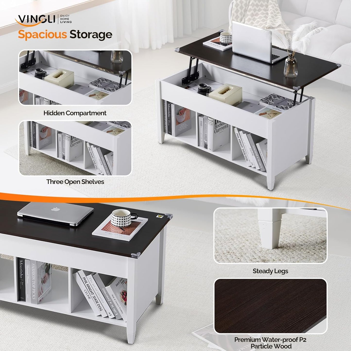 Farmhouse Lift Top Coffee Table, Rustic Grey with Storage Shelf/Hidden Compartment
