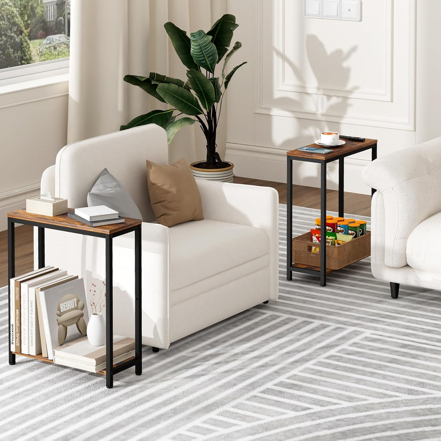 Narrow End Tables Living Room Set of 2 Small Side Table for Small Space, 2 Tier Slim Skinny Night Stand