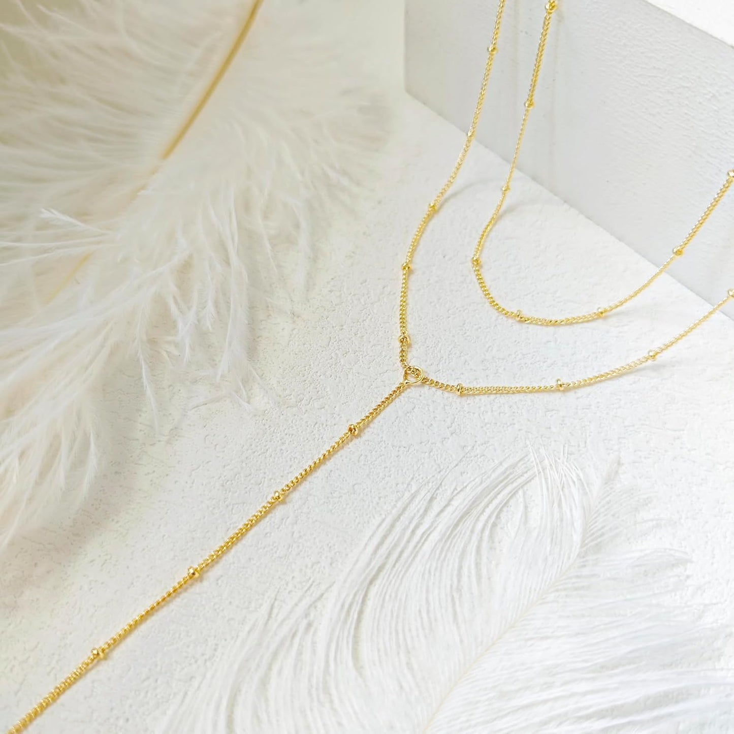 Lariat Gold Necklace for Women: Dainty 14K Gold Plated/Silver Y-Shaped Beaded Drop Chain, Trendy Gift