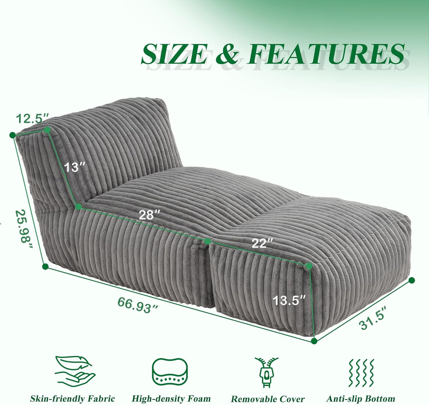 Large Bean Bag Lounger Chair with Memory Foam Filling - Comfortable Beanbag Sofa for Adults, Ideal Balcony
