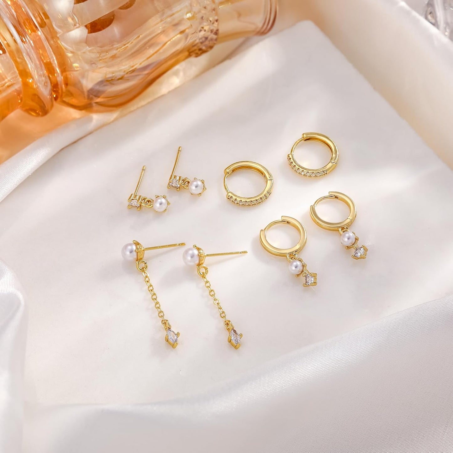 Pearl Dangle Hoop Earrings for Women - Dainty14K Gold Plated Small Drop Chain Hoops Trendy Earring Sets for