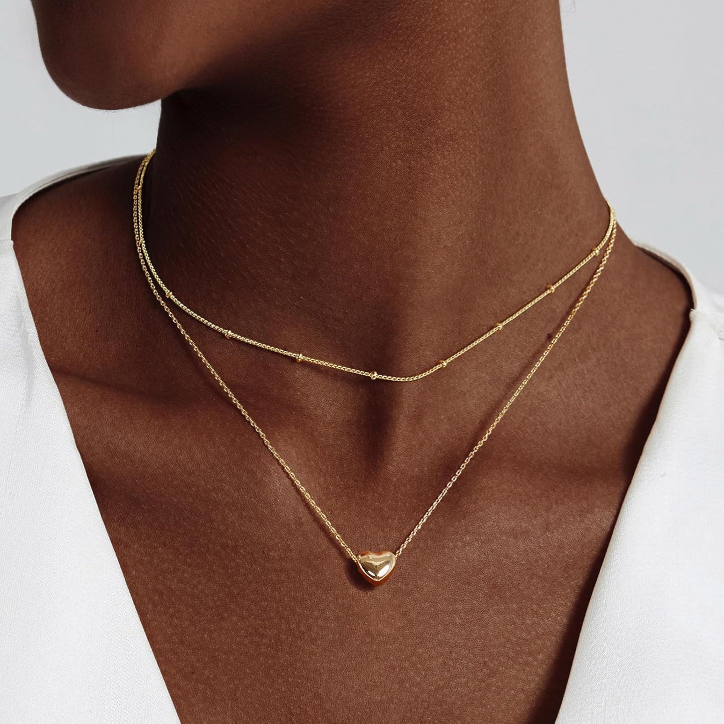 Layered Heart Necklace: 14K Gold Plated Puffy & Chunky Heart Pendants - Adjustable Dainty Choker for Her