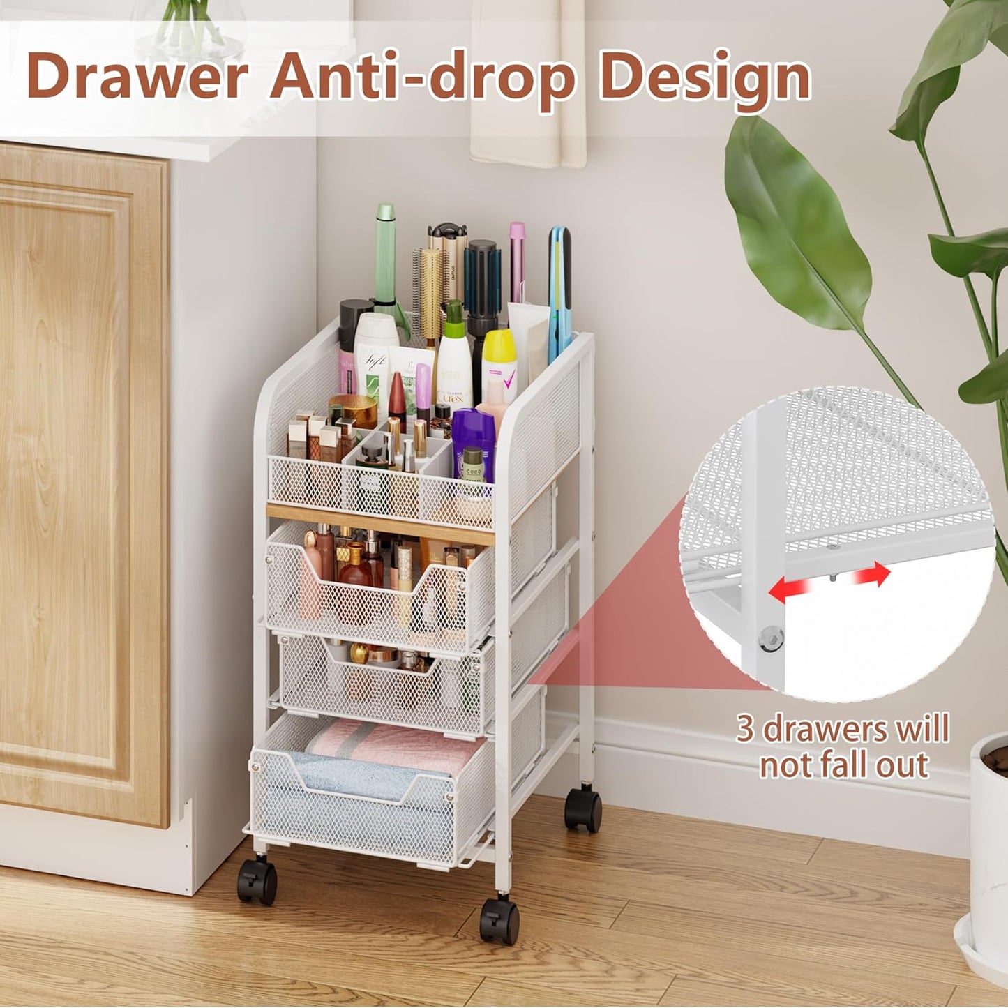 Rolling Makeup Cart Organizer with 3 Drawers, 4-Tier Narrow Floor Skincare Organizers with dividersr