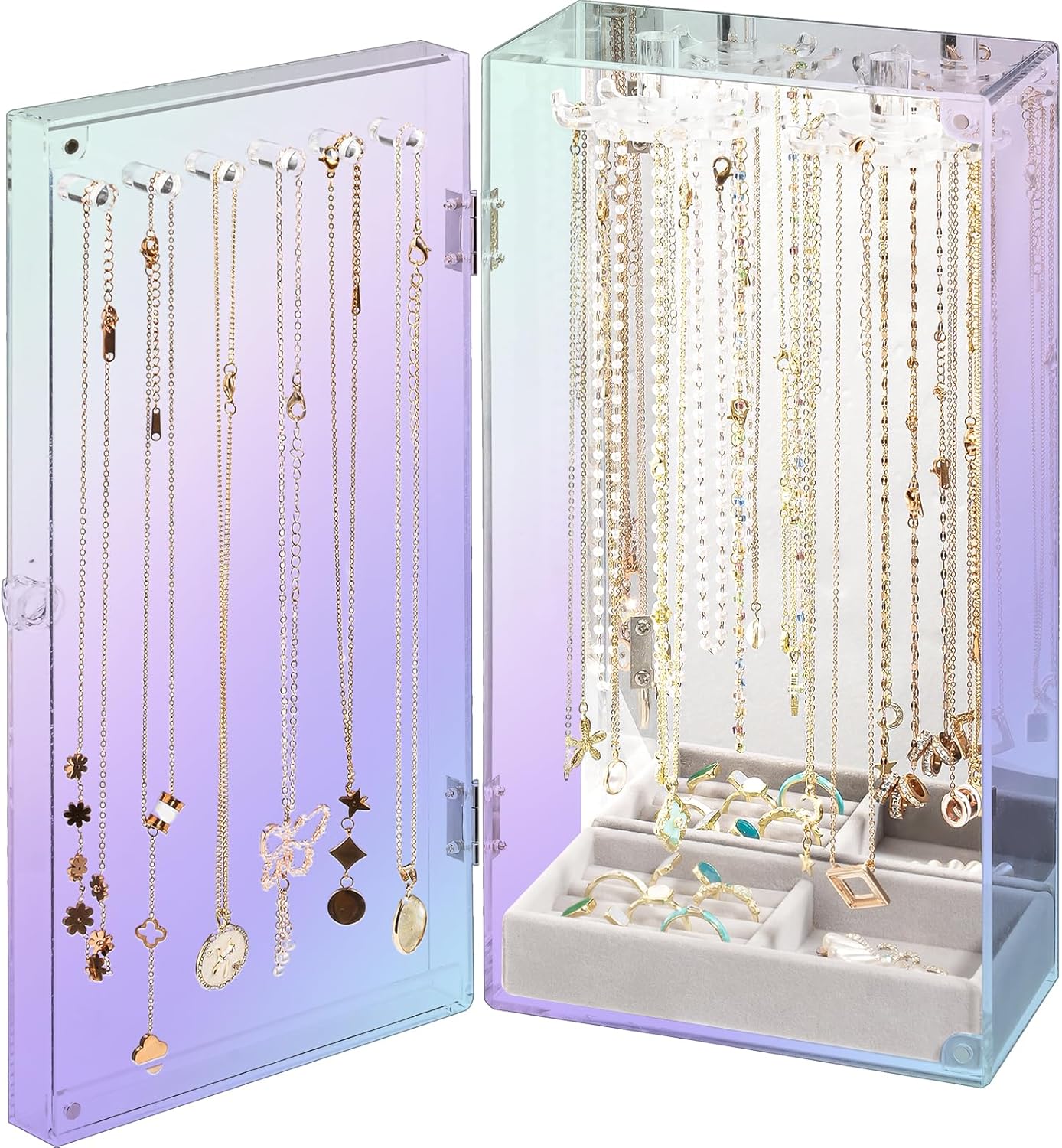 Acrylic Jewelry Organizer with 24 Hooks, Rotating Clear Necklaces Display Box with Built-in Mirror
