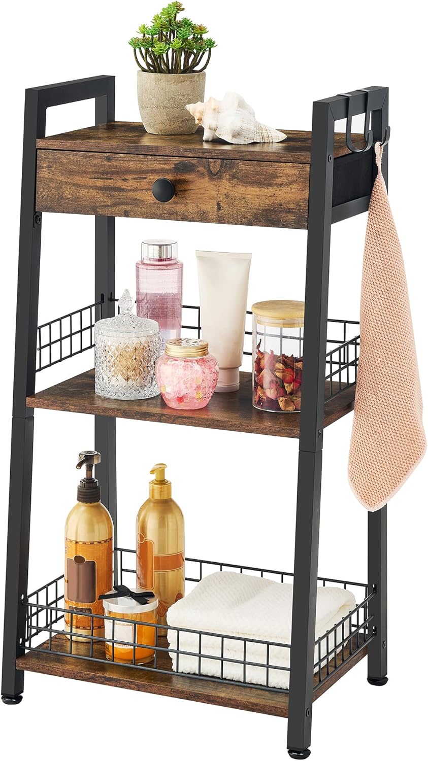3-Tier Bathroom Ladder Shelf with Drawer, Bathroom Stand Floor Storage Shelf