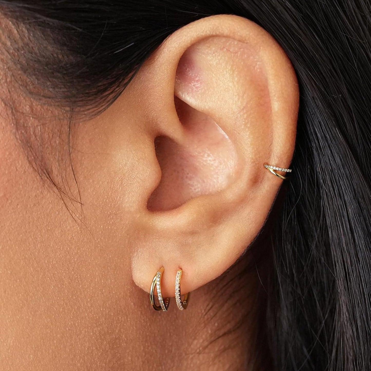 3 Pairs Small Gold Hoop Earring, 14K Gold Plated Earring Stacks Butterfly Heart Star Moon Bow Four Leaf Rhombus Round CZ Pearl