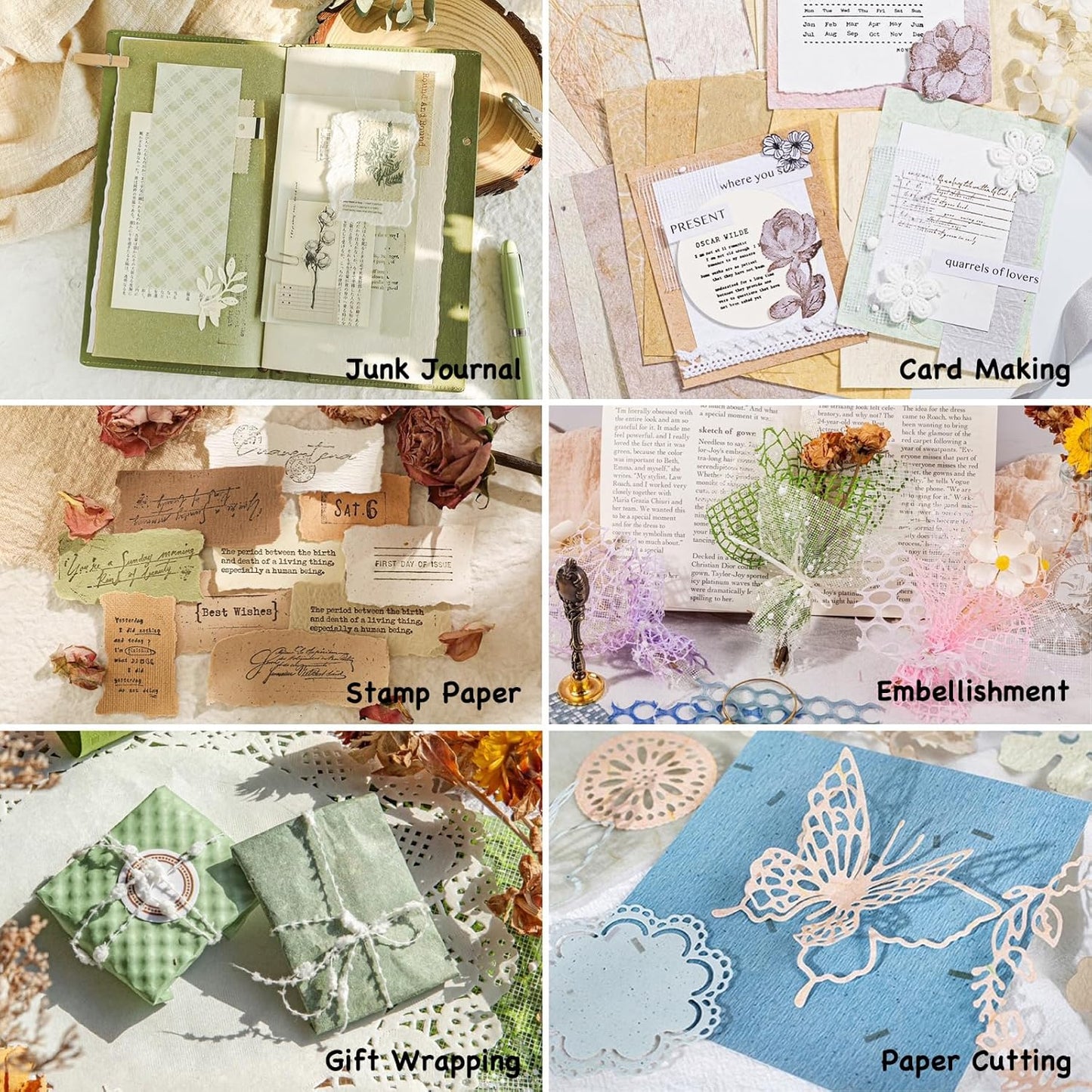 OMOMMD 96 Sheets Textured Scrapbook Paper and Mesh Fabric Assorted Set - 6 Pack Mixed Special Paper for Scrapbooking Planner Bullet Junk Journal Supplies Mixed Media Collage Card Embellishments 3.9x5.5 Inch