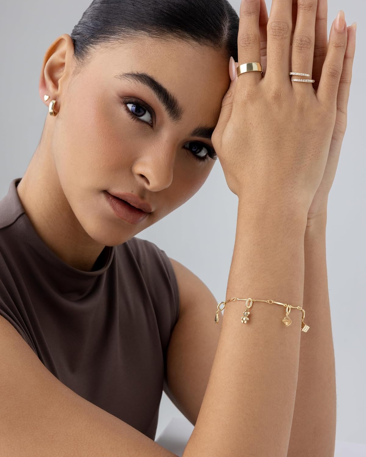 14K Gold Plated Adjustable Bracelet for Women | Twisted Bar & Paperclip Charm Chain Bracelets with Moon, Evil Eye