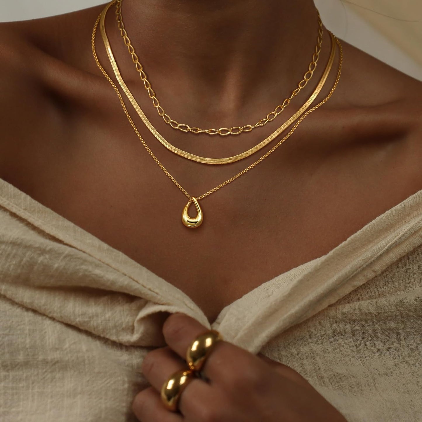 "14K Gold/Silver Plated 3Pcs Layered Necklace Set, Dainty Herringbone Choker & Chain, Trendy Stackable Jewelry for Women"