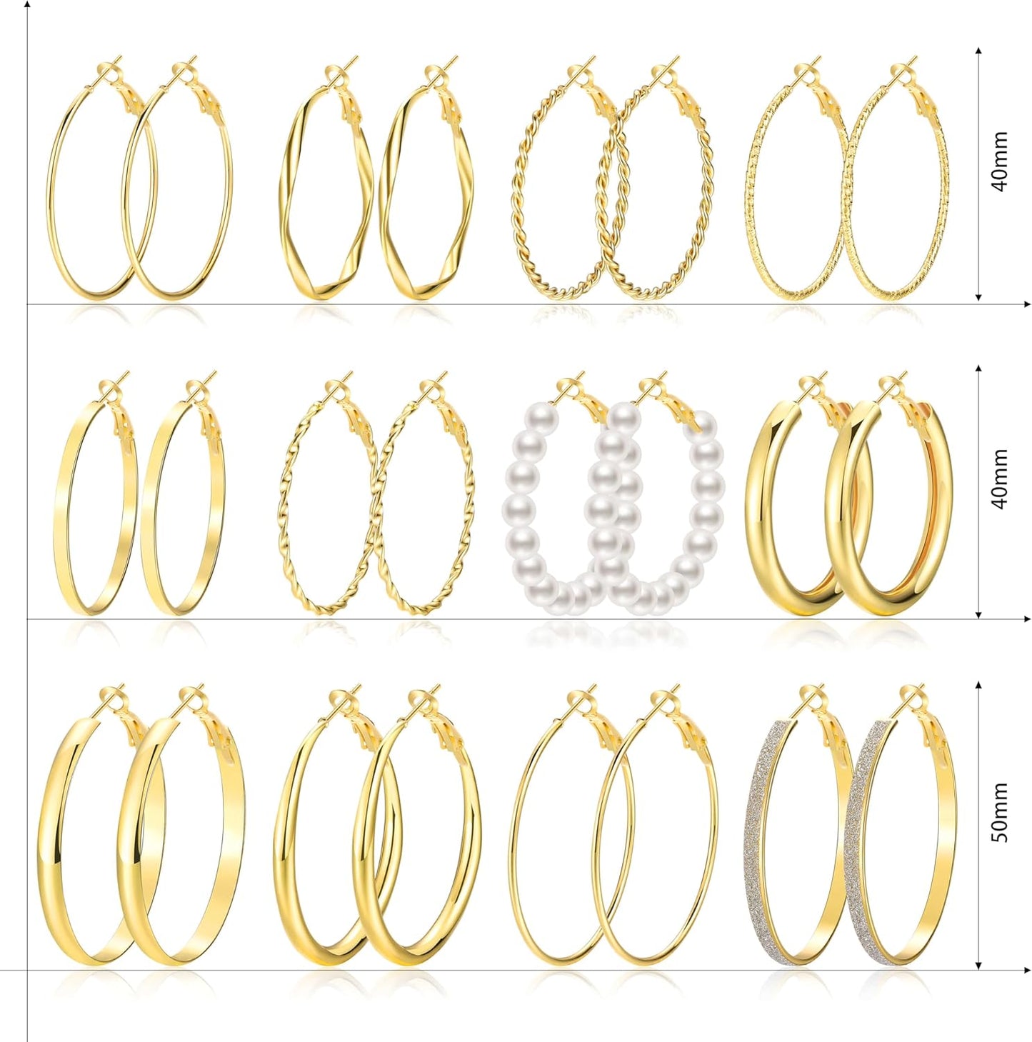 Gold Hoop Earrings Set for Women, 12 Pairs Large/Big Thin Thick Gold Hoops Earrings Loop Pack for Jewelry Gift 40mm/50mm