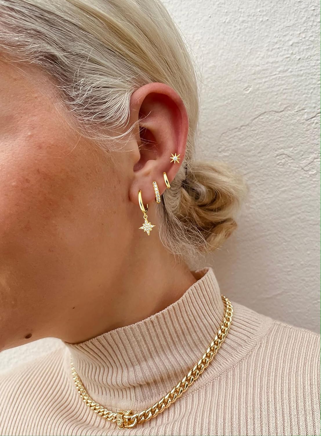 Small Gold Huggie Hoop Earrings Set for Women Men Hypoallergenic 14K Plated Stack Cartilage Earrings, Multiple Piercing