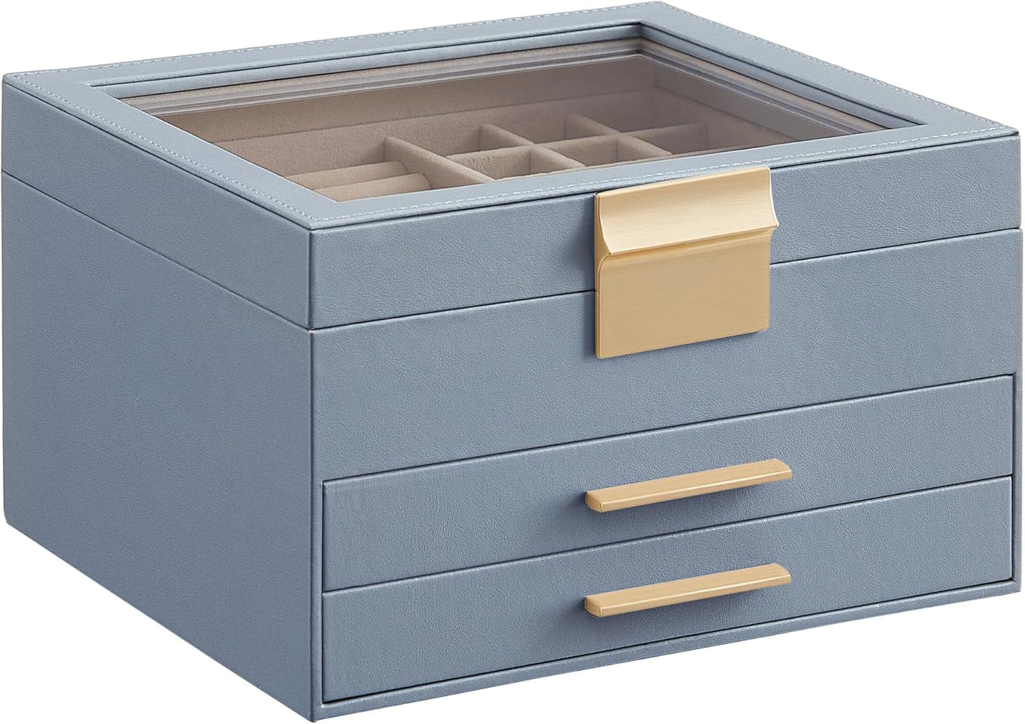 Jewelry Box Organizer with Glass Lid, 3-Layer Jewelry Storage, with 2 Drawers, Modern Style, Smoky Blue and Gold Color