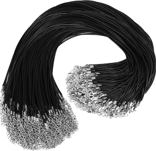 "100Pcs Premium Leather Necklace Chains, 1.5mm Waxed Rope Cord with Clasps for Jewelry Making, Bulk Pendant String Black 18", DIY Craft Supplies,