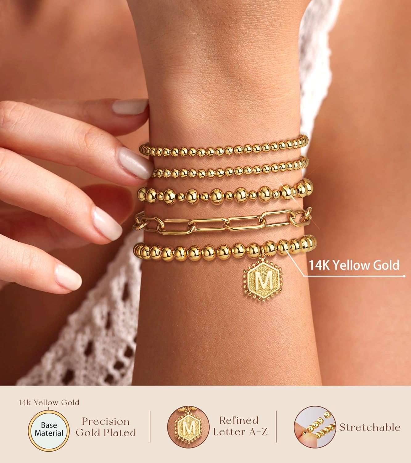 adoyi Gold Bracelets for Women Waterproof, 14K Gold Plated Beaded Strand Bead Ball Bracelets stack