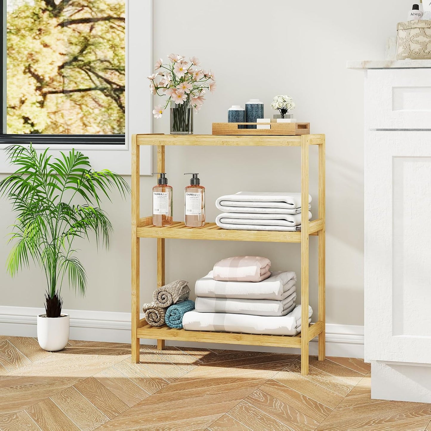 Bamboo Bathroom Shelf, Stand Utility Storage Shelf Multifunctional Bathroom  (3-Tier)
