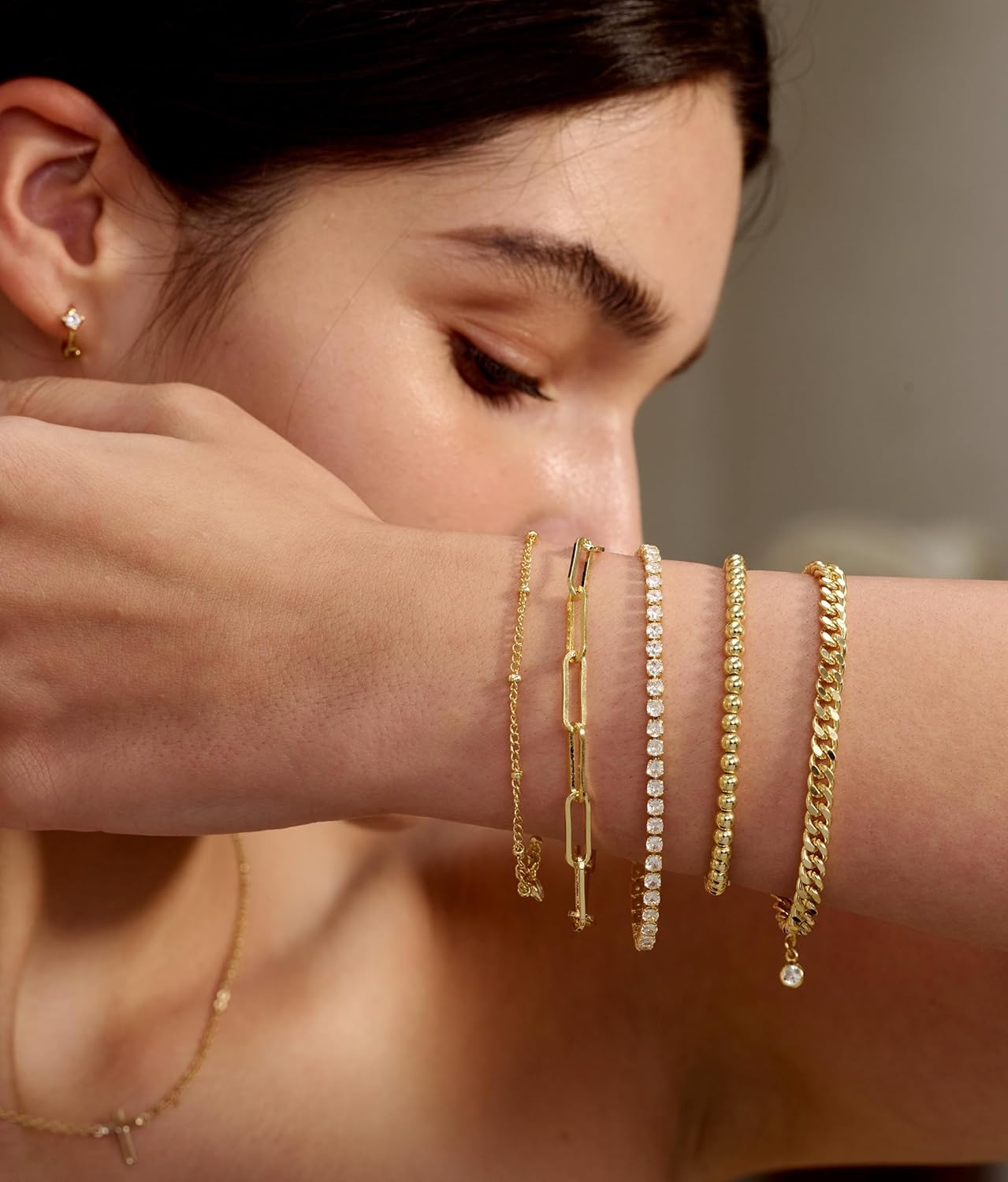 Gold Bracelets - Real 14K Women's Cute Tennis Cubic Beaded Link Paperclip Dainty Bracelet Pack