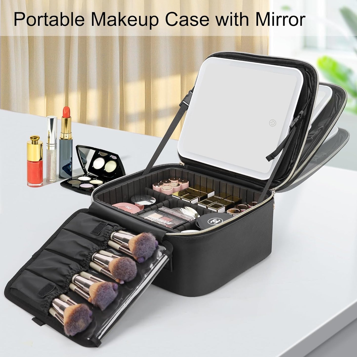 Travel Makeup Bag With LED Mirror, Portable Makeup Artist Organizer Bag with Adjustable Dividers