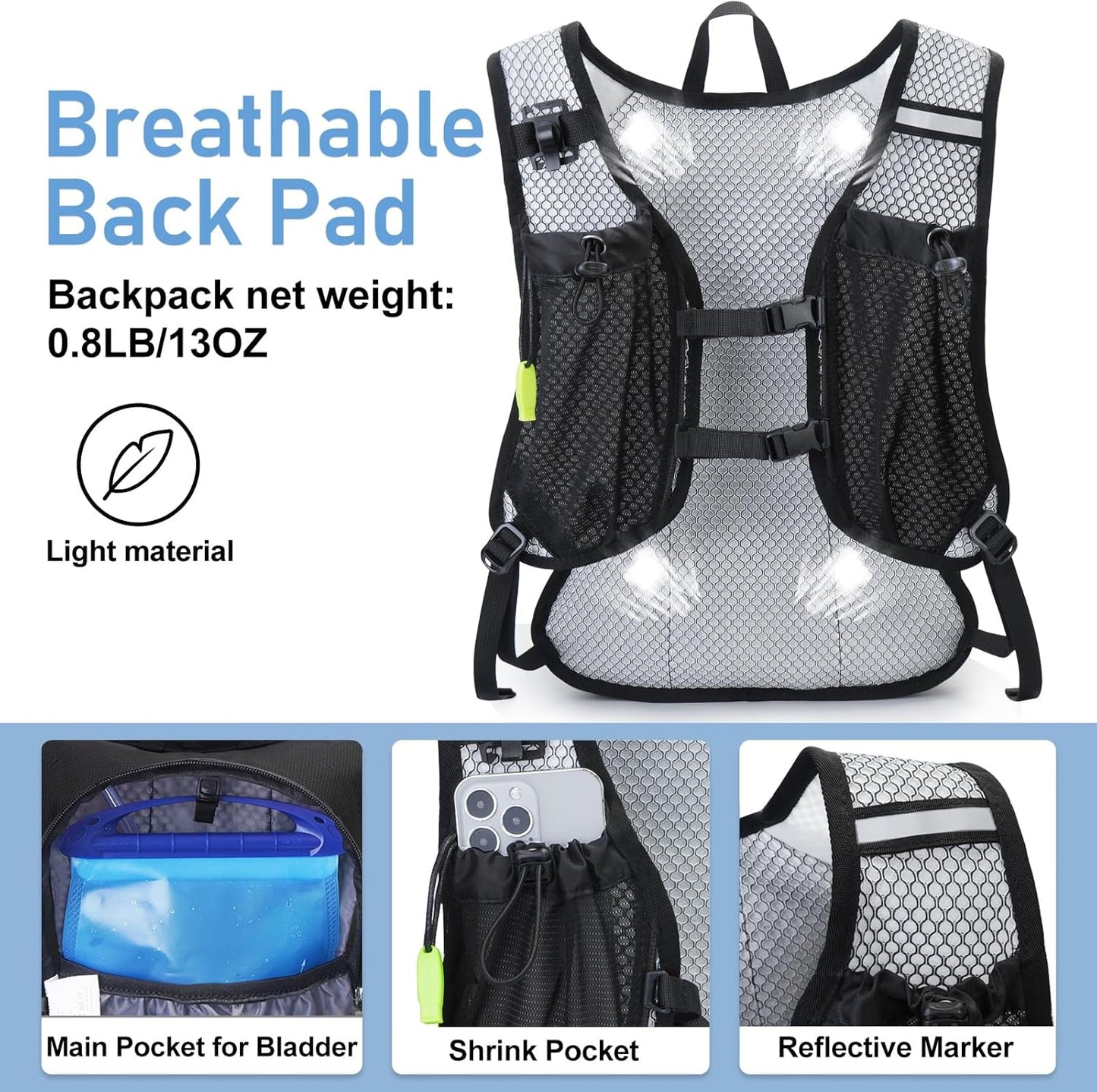 Lightweight Hydration Backpack, Running Backpack with 2L Water Bladder, Hydro Water Daypack for Hiking Rave