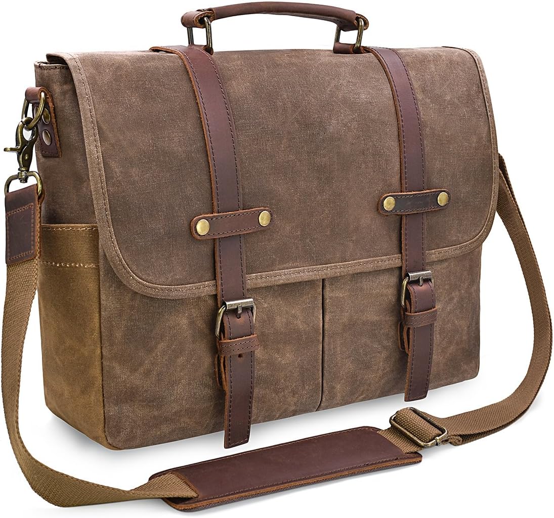 15.6 Inch Mens Messenger Bag Waterproof Vintage Genuine Leather Waxed Canvas Briefcase Large Leather Computer