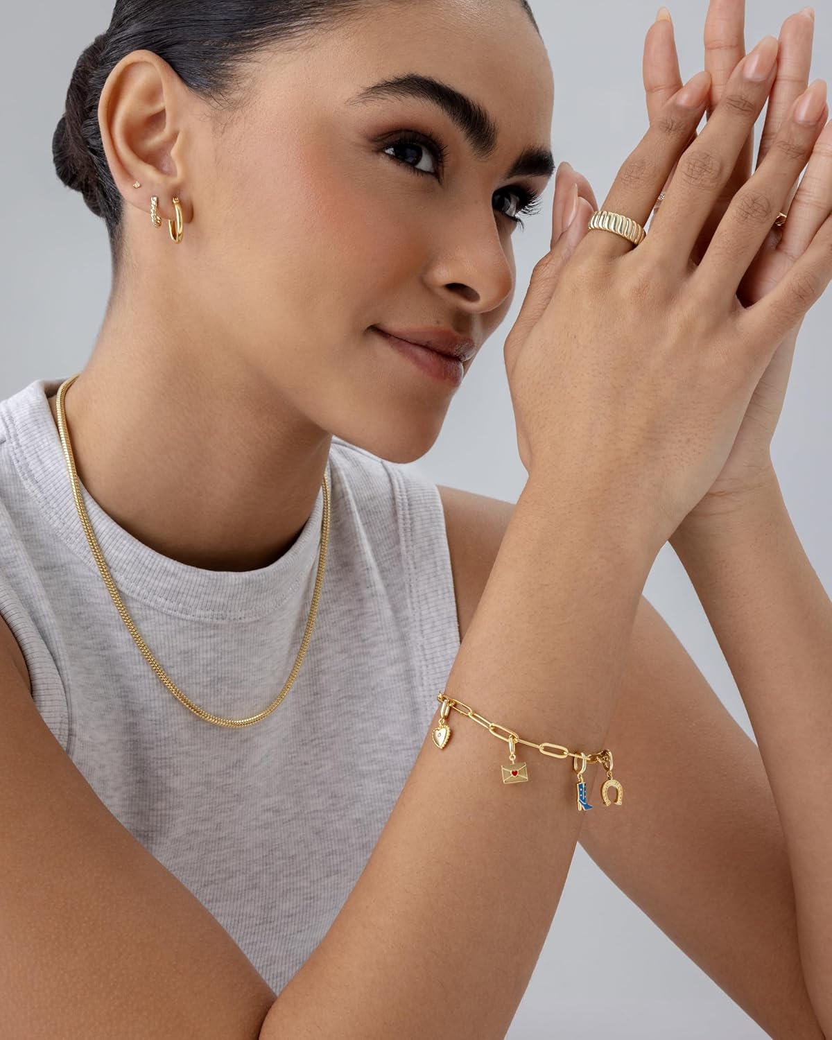 14K Gold Plated Adjustable Bracelet for Women | Twisted Bar & Paperclip Charm Chain Bracelets with Moon, Evil Eye