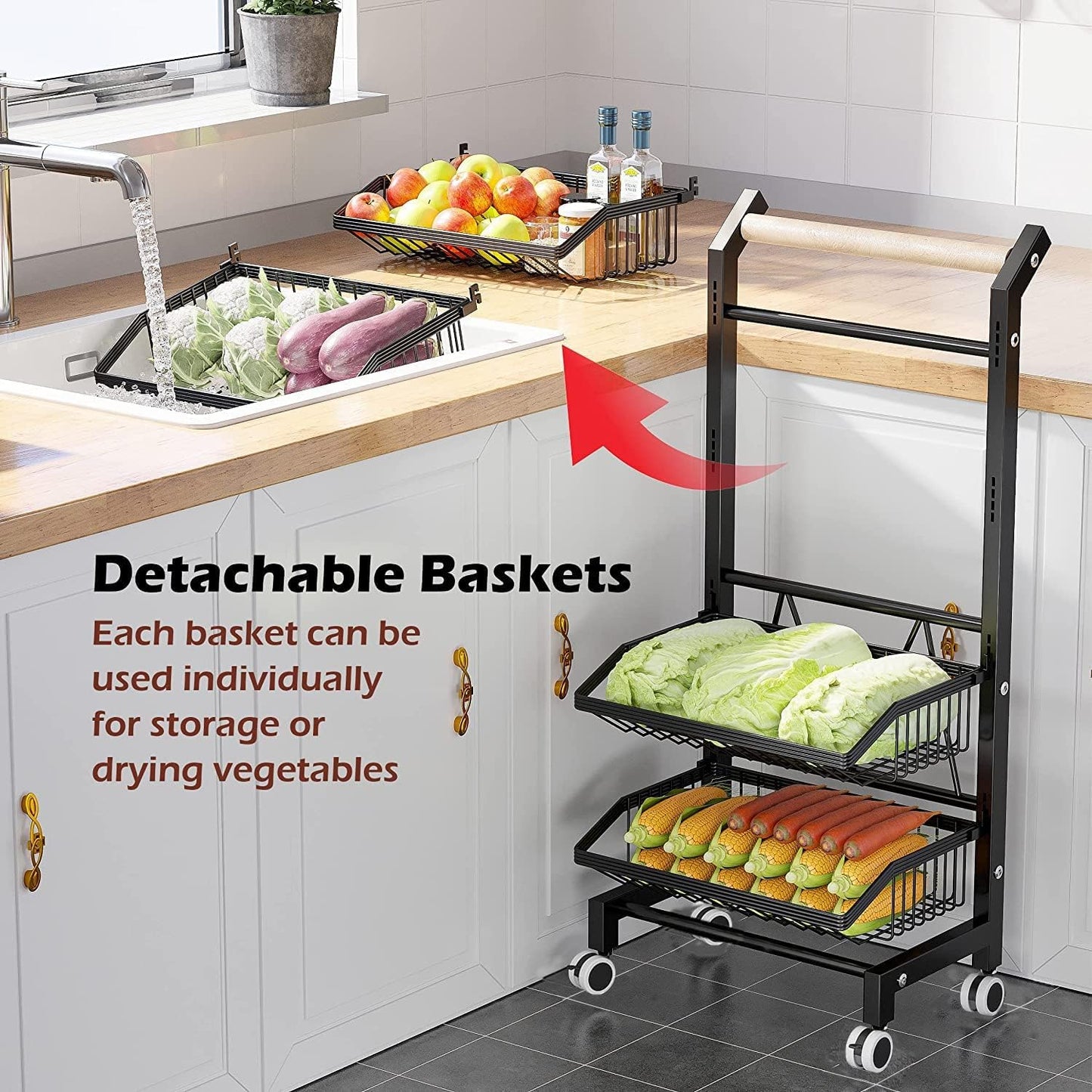 Snack Cart with Wheels 4-Tier Adjustable Fruit Rack Fruit Vegetable Basket Cart Metal  Utility Kitchen Cart