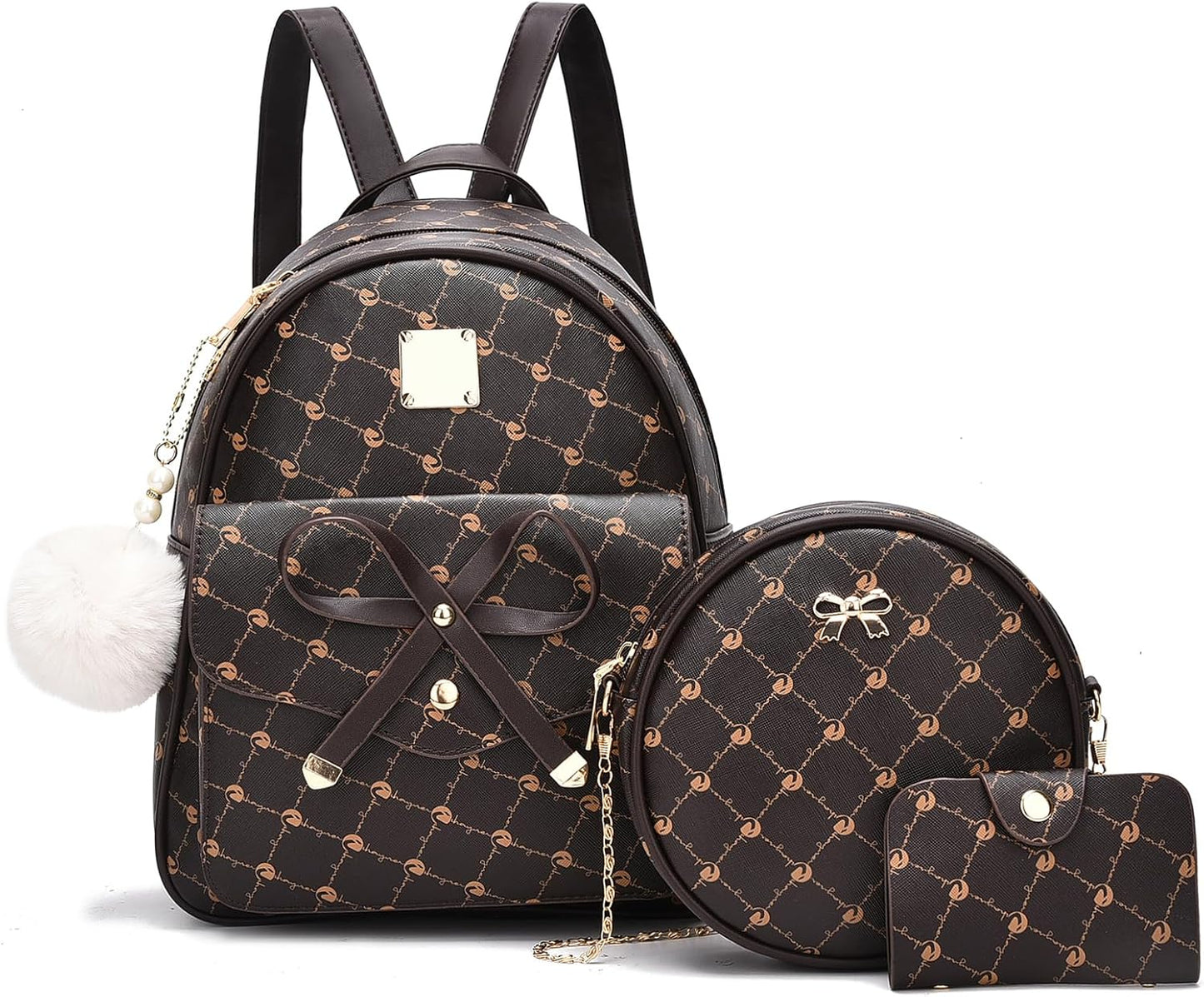 3-Pieces Girls Bowknot Fahsion Leather Backpack Backpack Purse for Women Rucksack