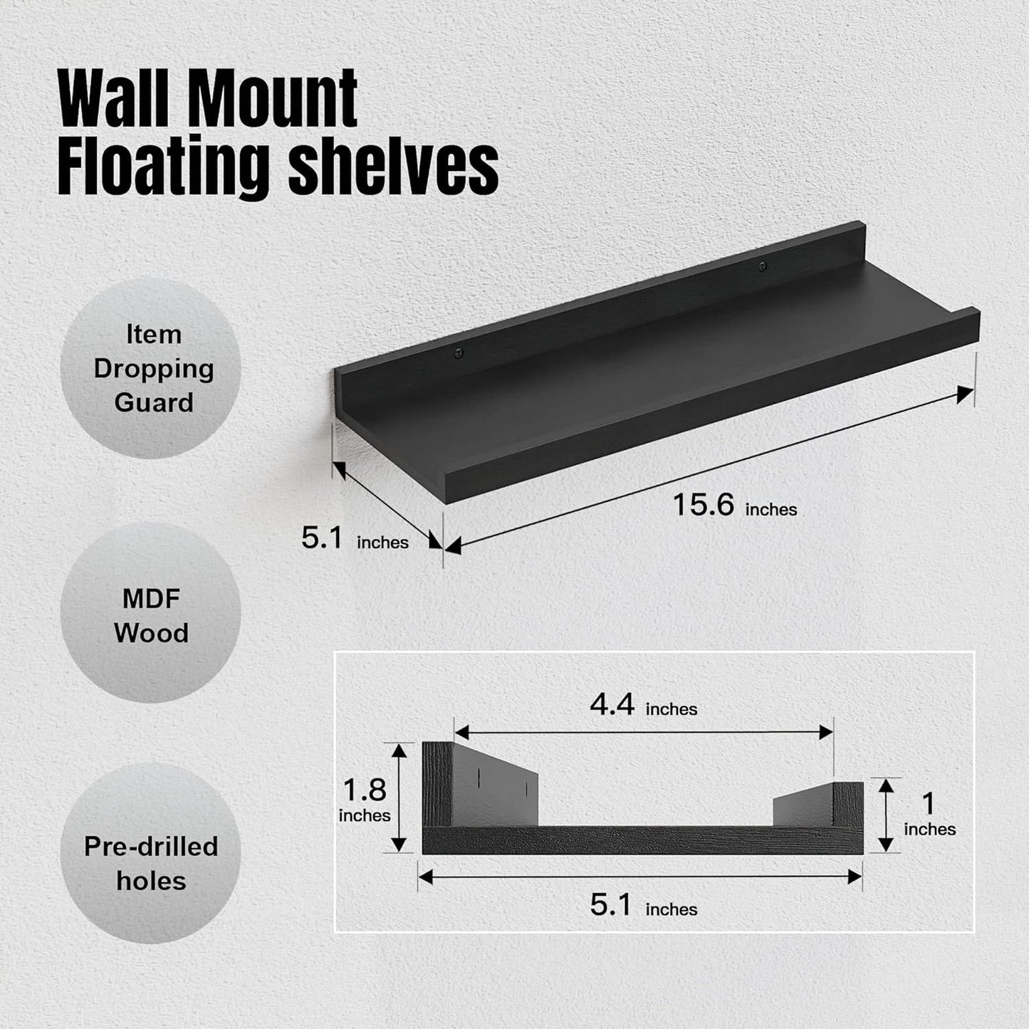 Floating Wall Mounted Shelves, 8count Set with Lip - Black  Book Shelves for Bedroom