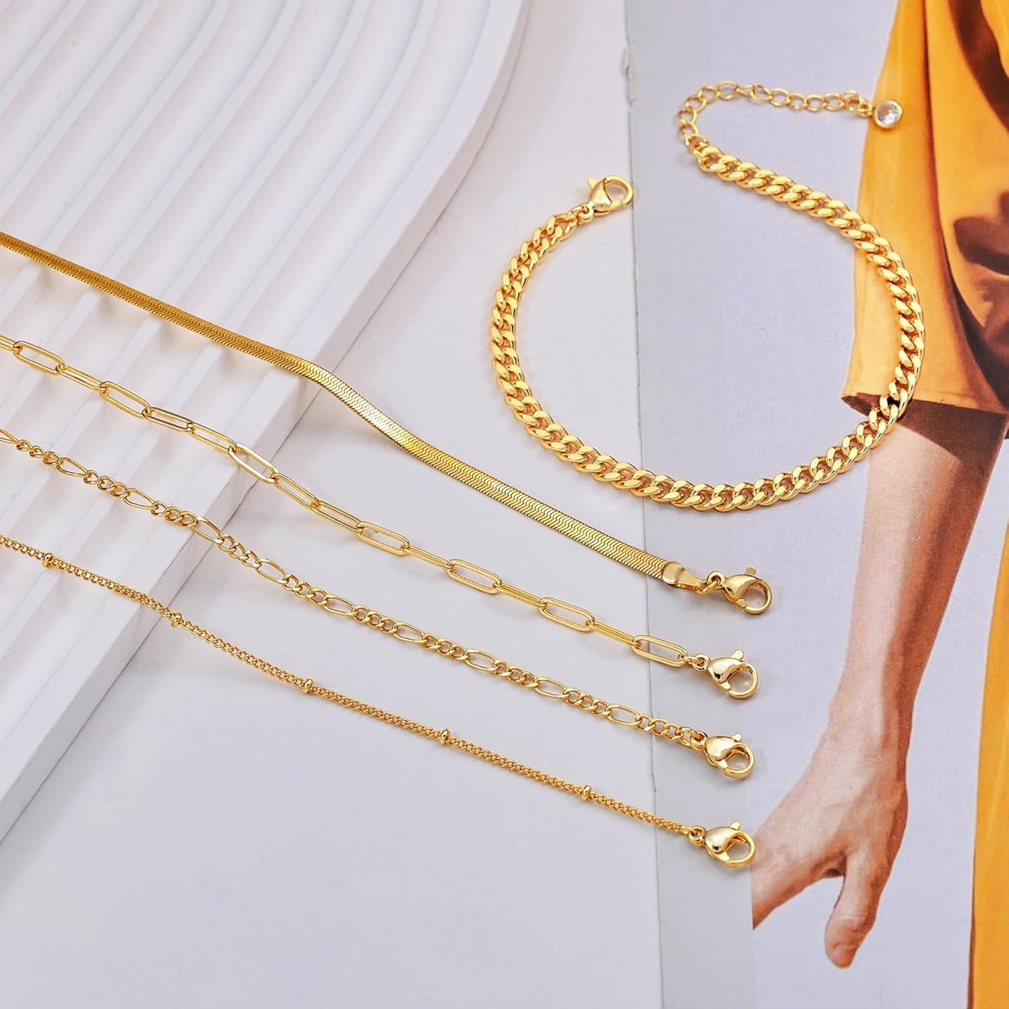 Gold Bracelets for Women Waterproof, 14K Real Gold Jewelry Sets Trendy Thin Dainty Stackable Cuban Link