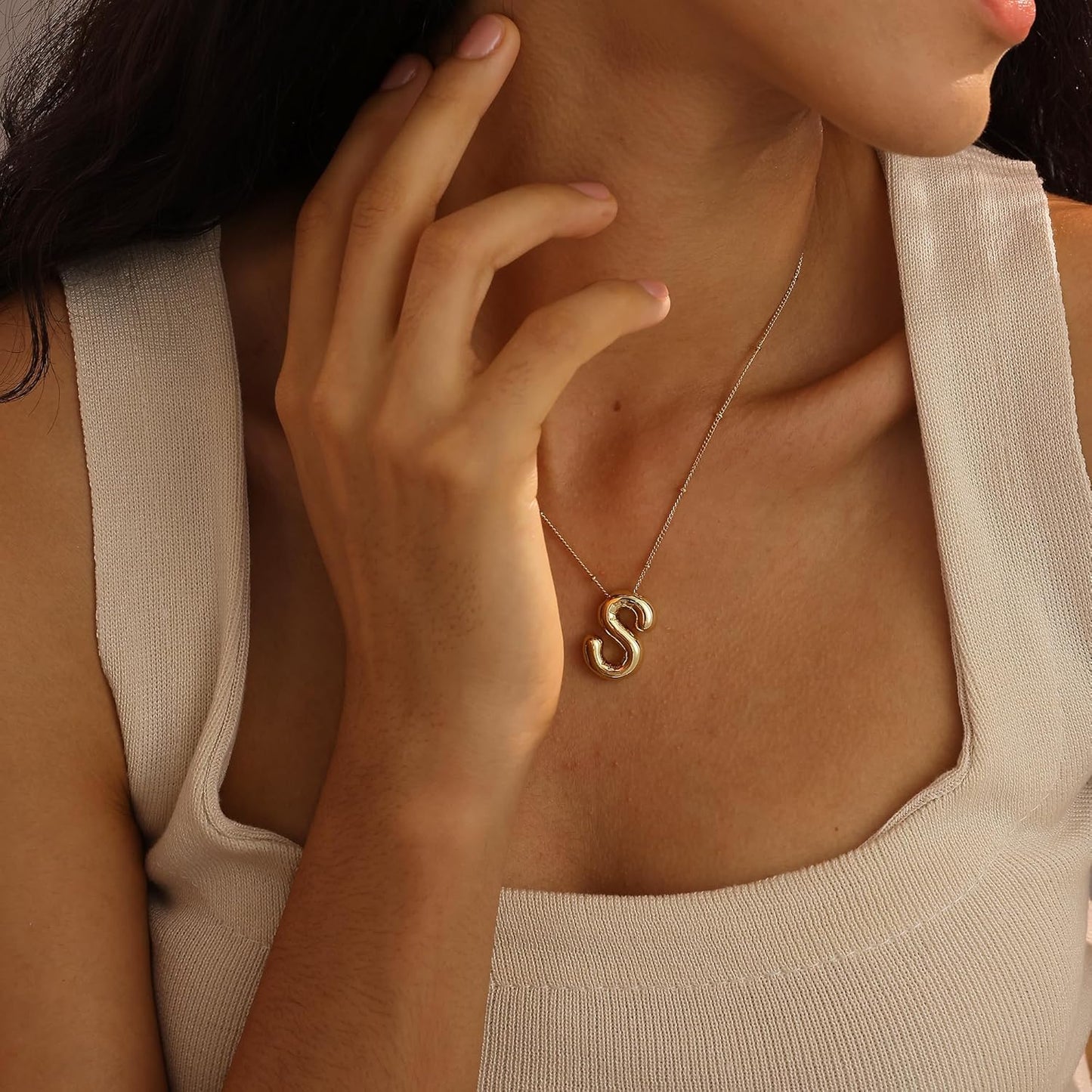 Bubble Gold Letter Necklace, 14k Gold Plated Balloon Initial Pendant, Dainty Chunky Custom Name Necklace for Women