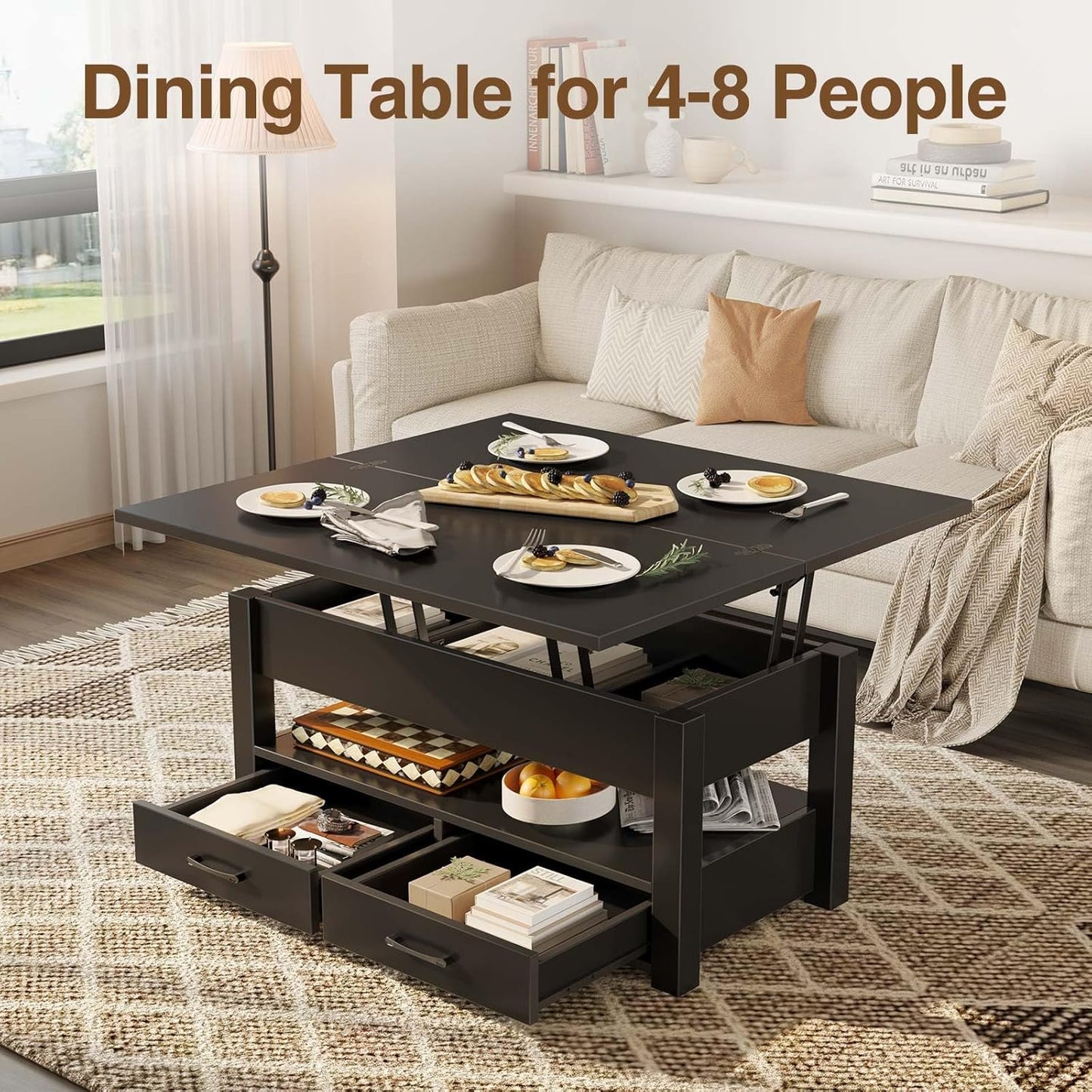 Coffee Table Lift Top, Multi-Function Convertible  with Drawers and Hidden Compartment, Converts to Dining Table