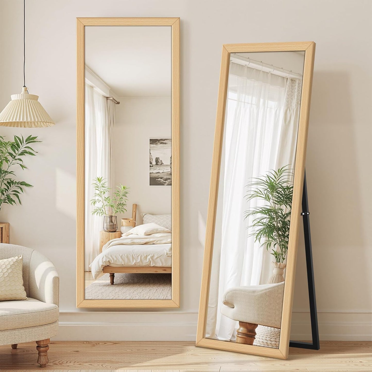 Wall Full Length Mirror, Standing Mirror Full Body, with Wooden Frame(with Stand,56x20)