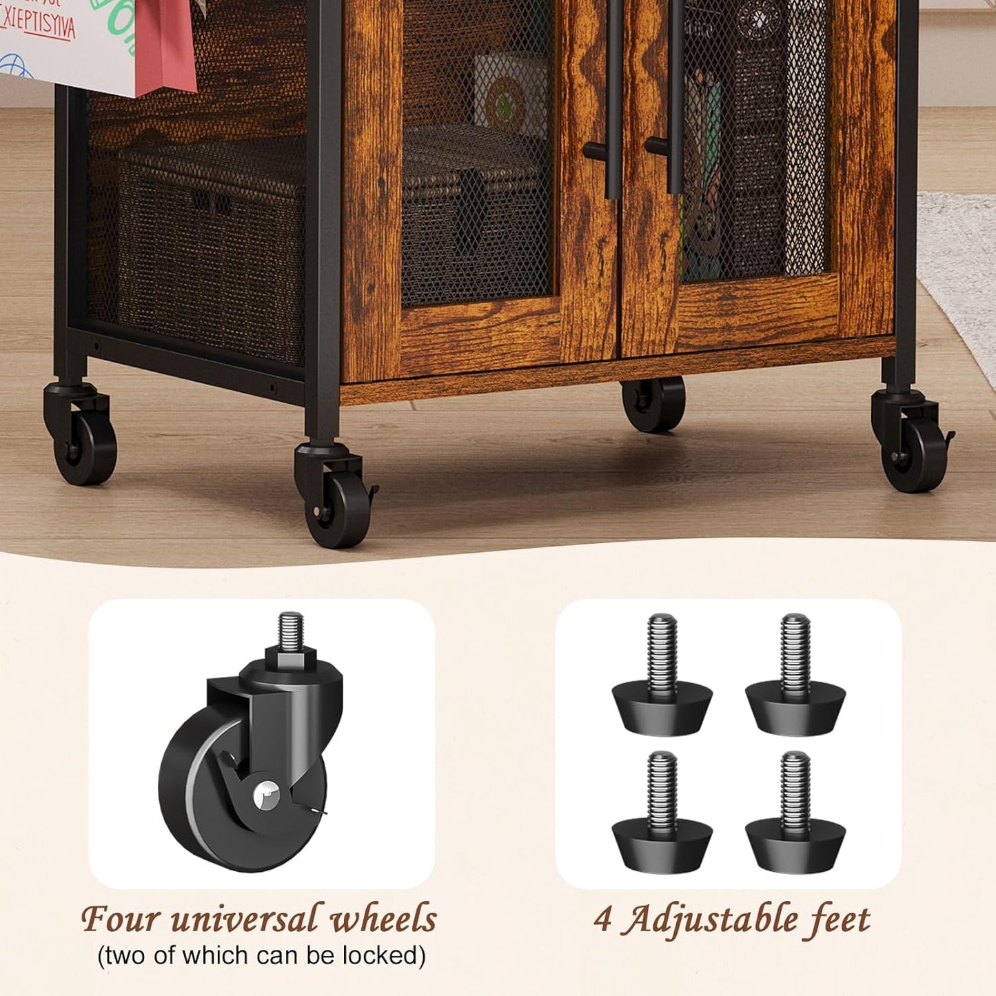 3-Tier Rolling Coffee Bar Table, Farmhouse Coffee Cart Station with 2 Doors for Living Room, Dining Room