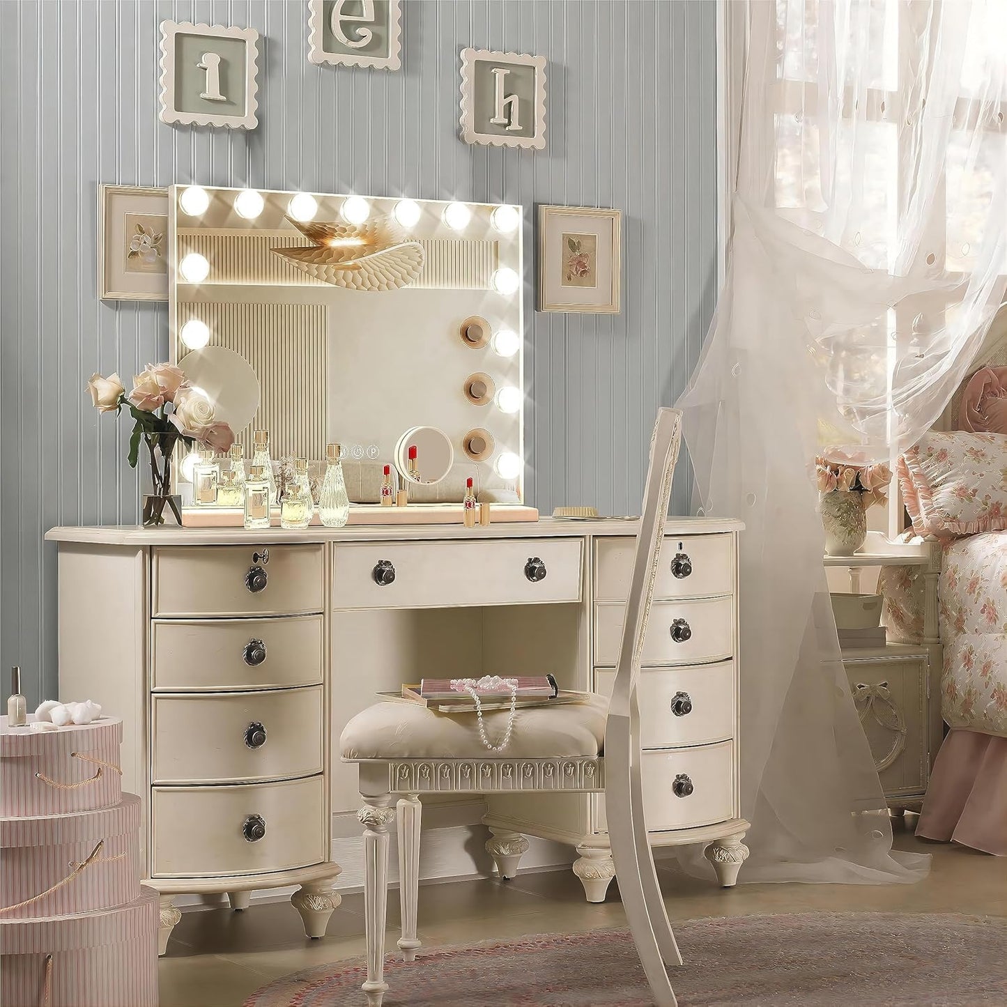 Vanity Mirror with Lights, 15 Dimmable Bulbs, 3 Color Lights,Make Up Lighted Mirror,  USB Charging Port