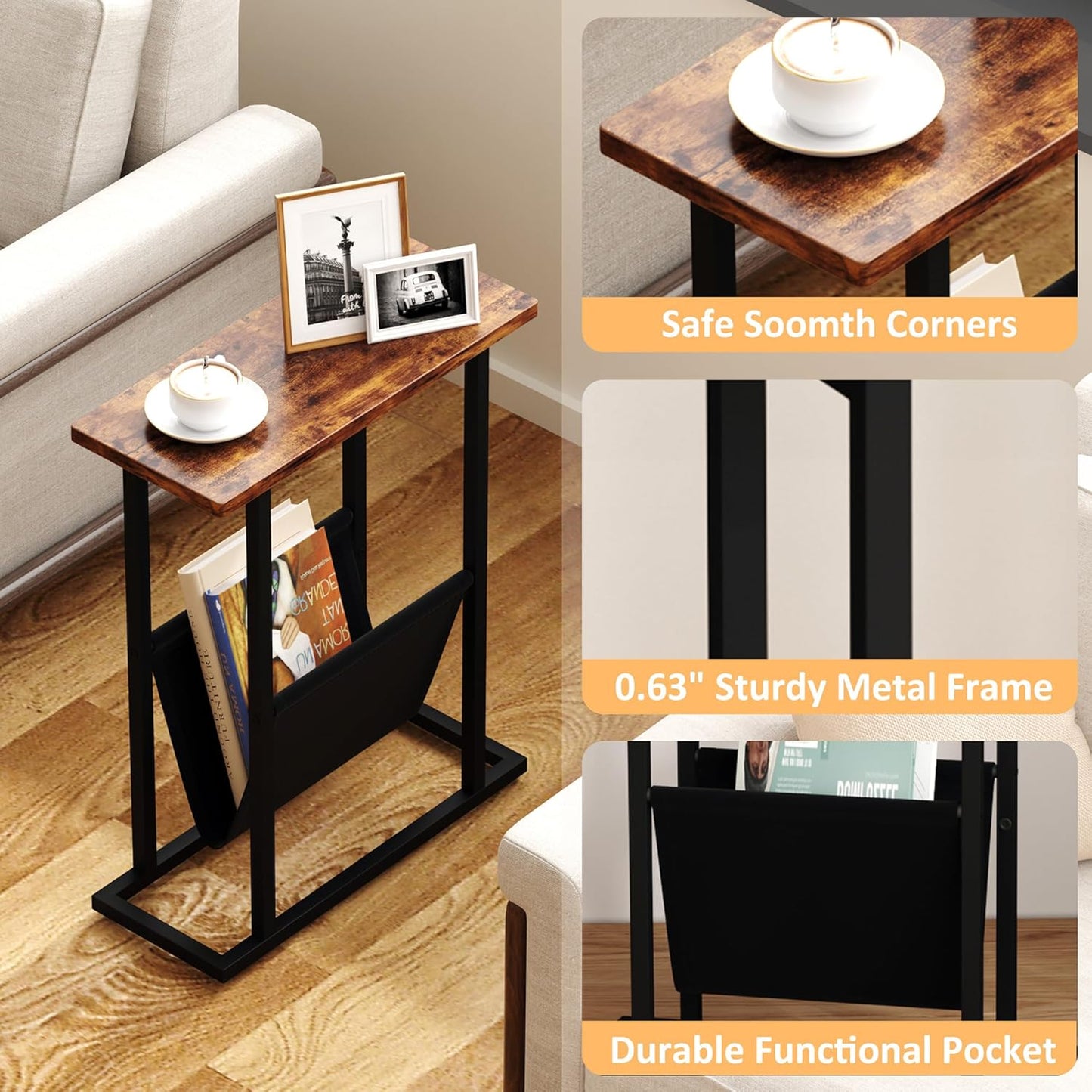 Narrow Side Table for Small Spaces, Small End Table with Magazine Holder, Skinny Slim