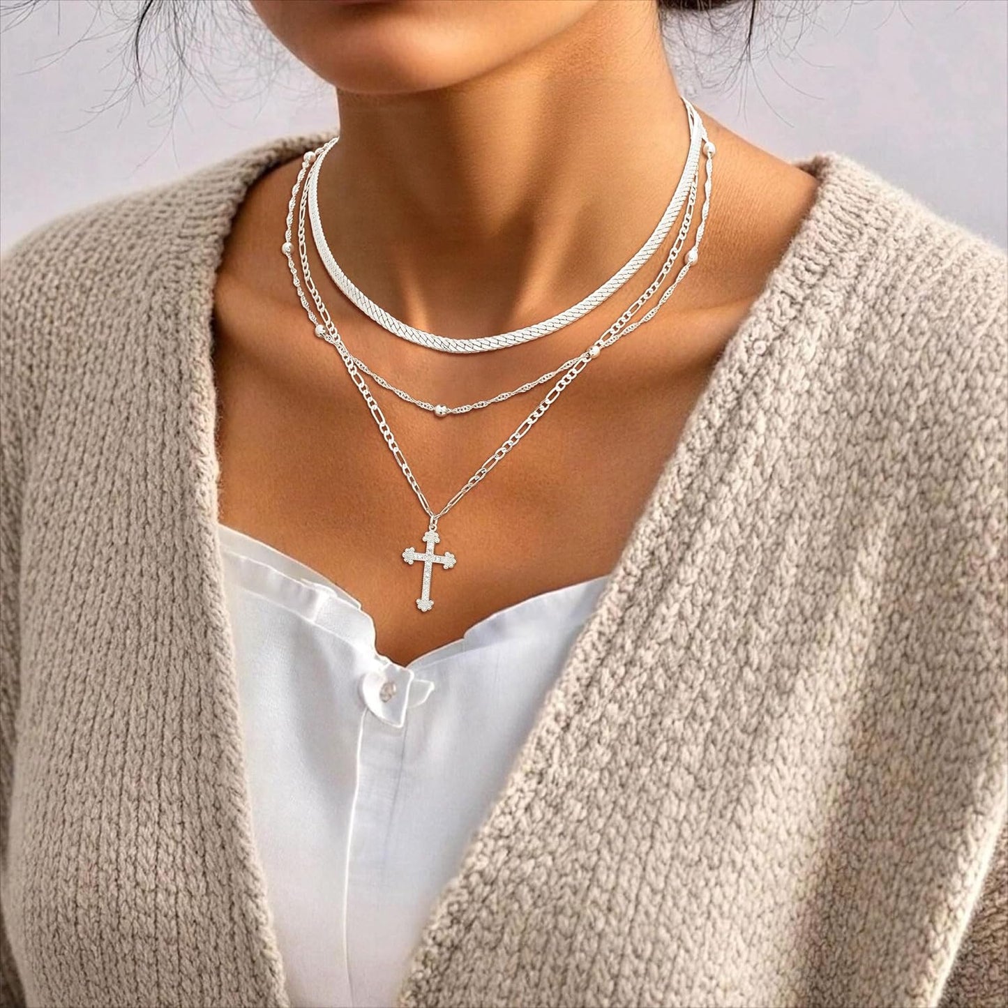 Women's Necklace - 14K Gold/Silver Plated Layered Chain With Cross, Coin & Pearl Pendants - Stackable Trendy Jewelry Gift For Her