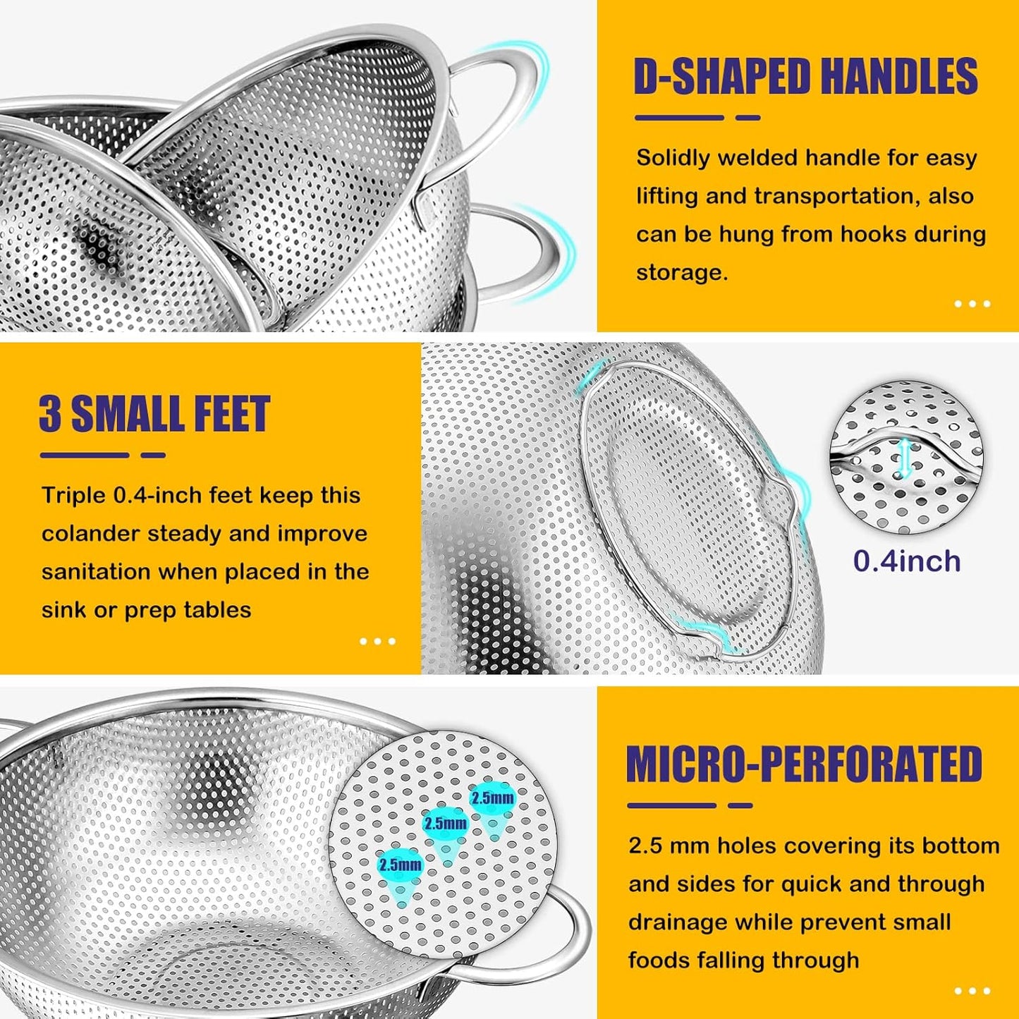 Micro-Perforated Metal Colander Strainer with Handle for Kitchen/Draining Pasta/Rinsing Vegetables Fruits
