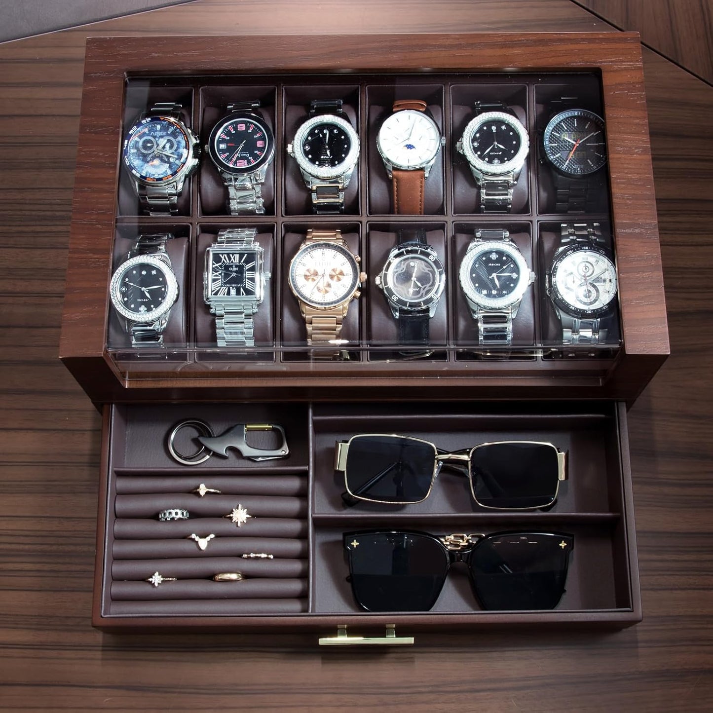 High End Watch Box for Men, 12 Slot Wooden Watch Case With Drawer, Watch Display Box with Glass Lid