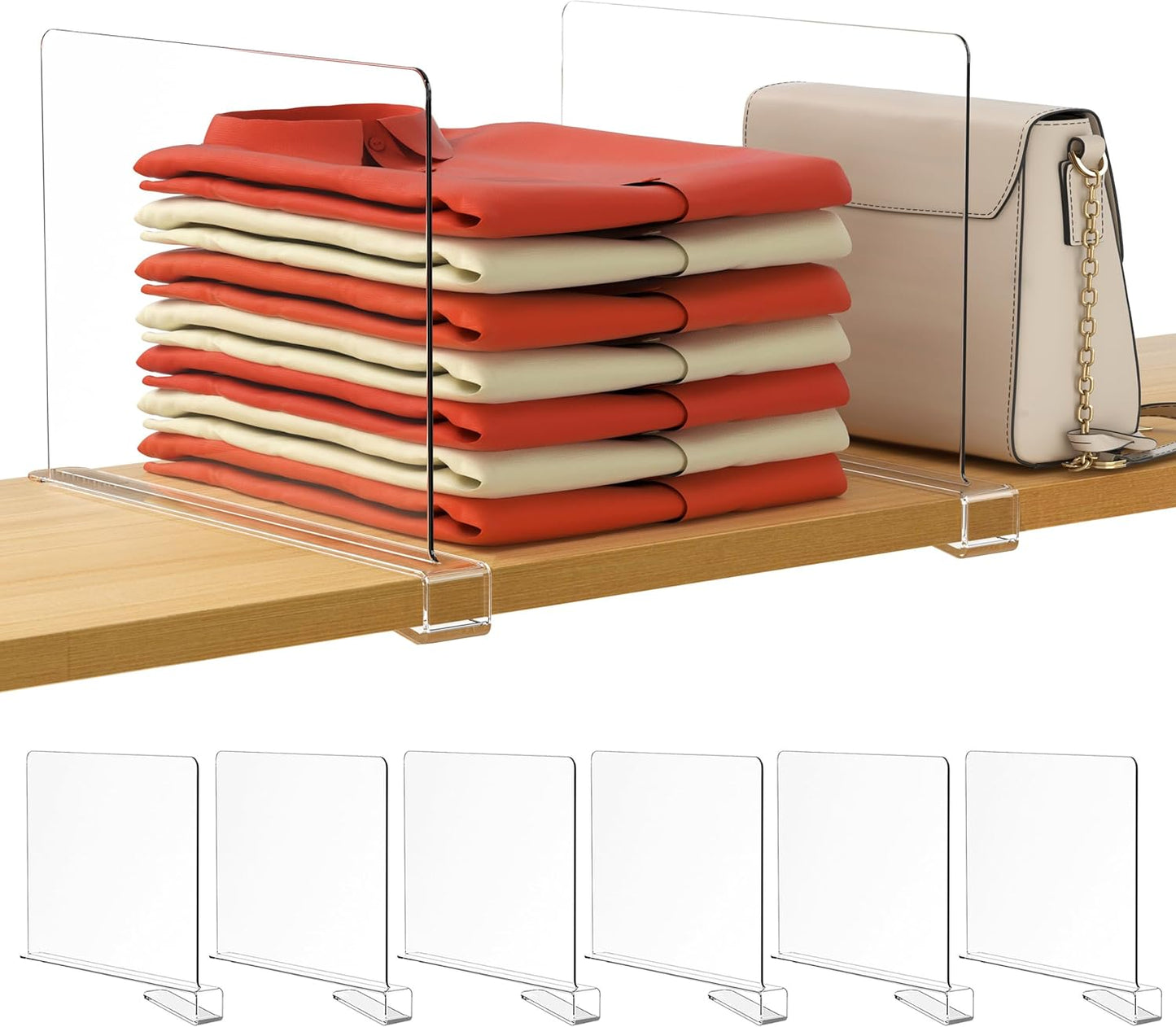 6 Pack Closet Organizers and Storage, Clear Shelf Dividers, Vertical Purse Organizer for Closet